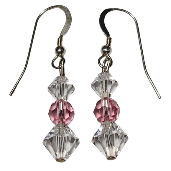 Crystal & Pink BeadeElegant Retro Pink Clear Crystal Beaded Dangle Drop Earrings - Picture 1 of 4